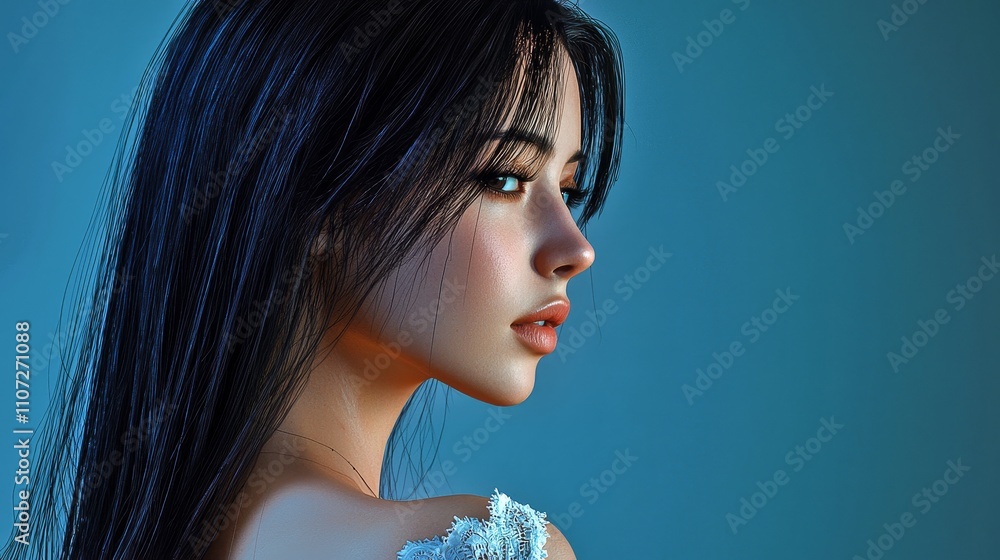 Captivating Side Profile of a Mysterious Female Model with Striking Black Hair and Dramatic Makeup Captivating Side Profile of a Mysterious Female Model with Striking Black Hair and Dramatic Makeup