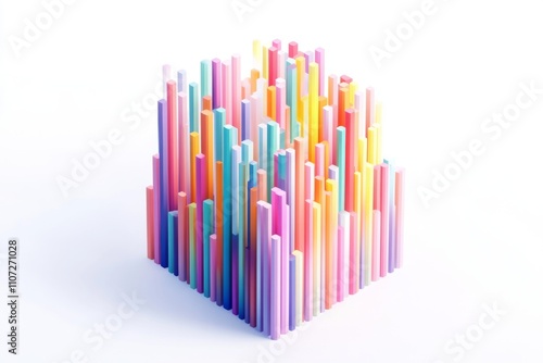 Colorful 3D Rendering of Vertical Sticks in Isometric Cube, Representing Data and Analytics on White Background