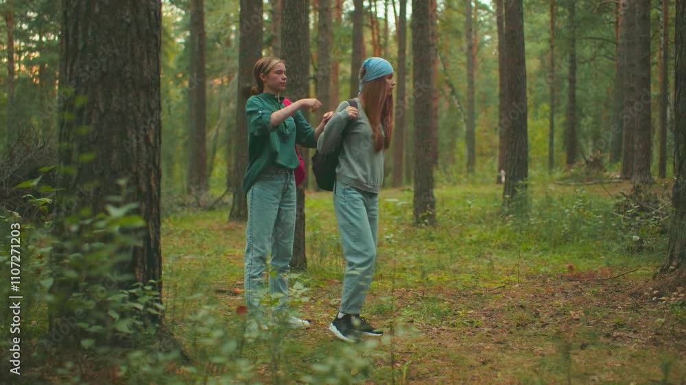 Young woman in green assists her friend in putting on a backpack in a tranquil forest setting with a warm glow of sunlight filtering through trees, they look at each other and walk together Young woman in green assists her friend in putting on a backpack in a tranquil forest setting with a warm glow of sunlight filtering through trees, they look at each other and walk together