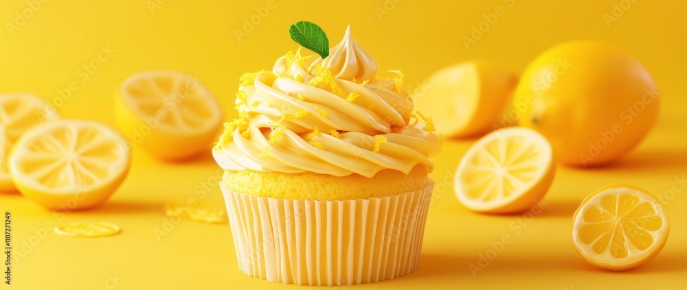 A vibrant lemon cupcake topped with swirls of frosting and garnished with lemon zest. A vibrant lemon cupcake topped with swirls of frosting and garnished with lemon zest.