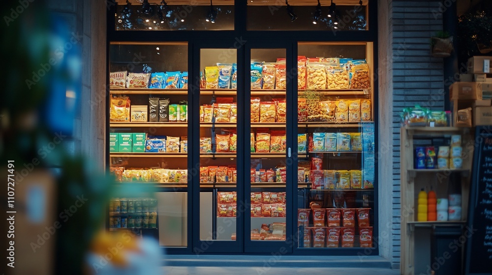 A well-stocked grocery store displaying various packaged foods. A well-stocked grocery store displaying various packaged foods.
