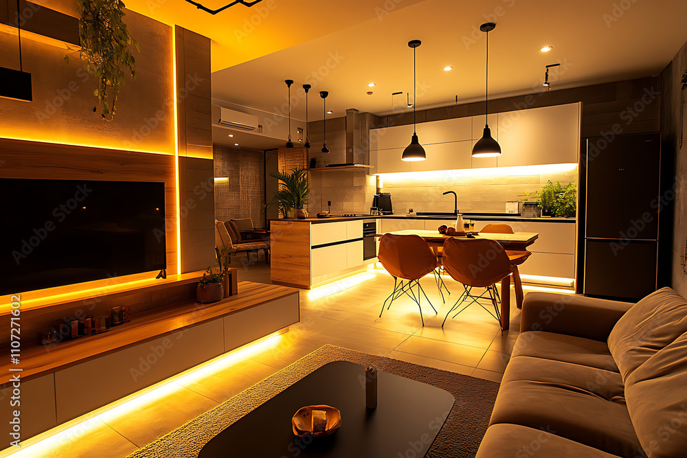 Modern Kitchen and Living Room Design with Ambient Lighting Modern Kitchen and Living Room Design with Ambient Lighting