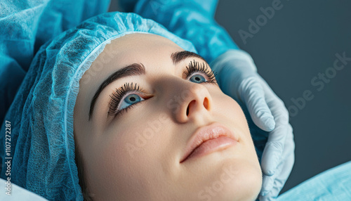 Surgery eyelid rejuvenation concept. A serene image of a woman receiving a cosmetic treatment, showcasing her calm expression and the medical professional's careful touch.