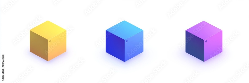 Isometric Cube Elements in Blue, Purple, and Yellow on White Background, Minimalist 3D Rendering with Bright Colors Isometric Cube Elements in Blue, Purple, and Yellow on White Background, Minimalist 3D Rendering with Bright Colors