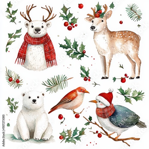 Enchanting Watercolor Christmas Wildlife   Festive Deer  Polar Bear  and Songbird Designs
