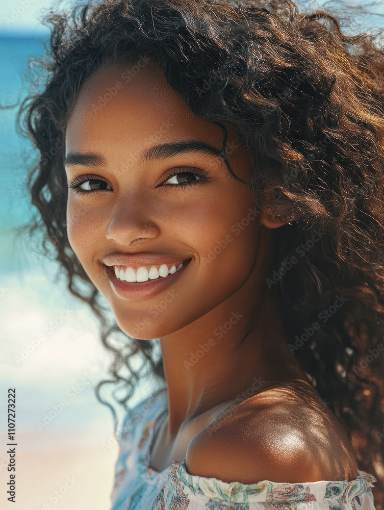 Portrait of young african american woman with curly hair at beach. Smiling black woman walking at the seaside while looking at camera. Happy carefree girl at sea. Portrait of young african american woman with curly hair at beach. Smiling black woman walking at the seaside while looking at camera. Happy carefree girl at sea.