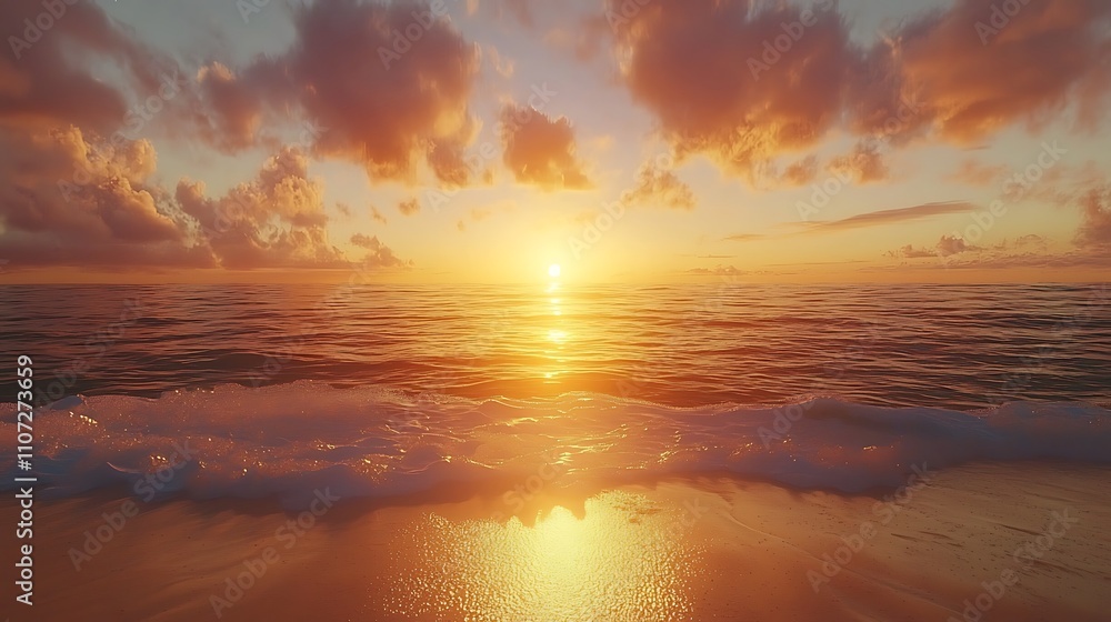 Ocean Sunset: Waves Crashing on Sandy Shore Ocean Sunset: Waves Crashing on Sandy Shore