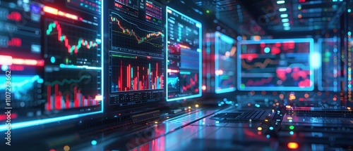 A futuristic digital display of stock market data with vibrant colors and graphs, illustrating financial trends and analytics.