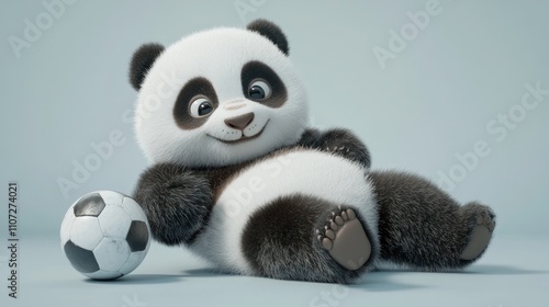 A cute cartoon panda lying next to a soccer ball, exuding a playful and cheerful vibe.