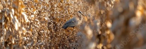 A heron stands amidst golden crops, blending into the autumn landscape.