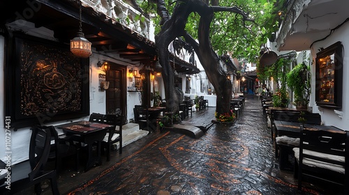 Charming Courtyard Restaurant in Old Town Phuket, Thailand - Rainy Day Ambiance AI Generated