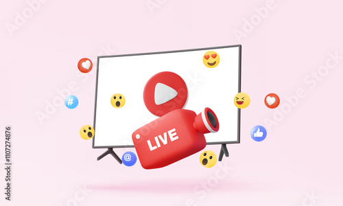 3D vector TV icon play video modern camera live streaming via follow social media channel new idea creative content emotion communication multimedia entertainment illustration