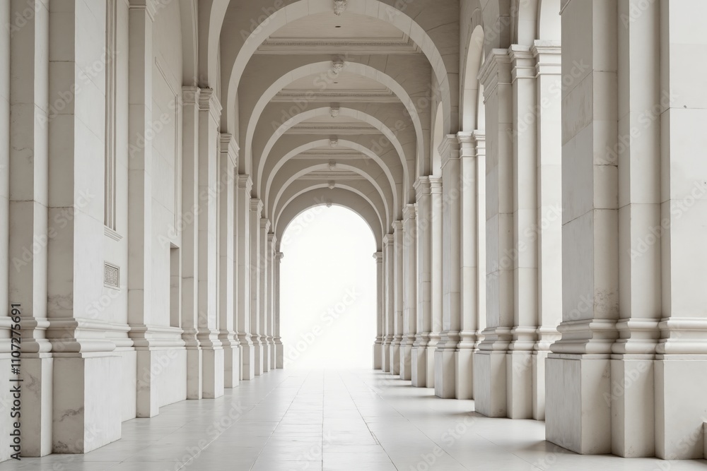 Elegant architectural colonnade with symmetrical archways leading to a bright horizon. Elegant architectural colonnade with symmetrical archways leading to a bright horizon.
