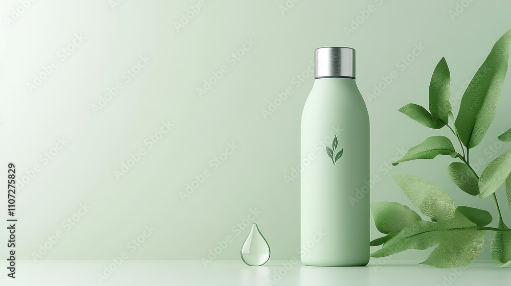 Reusable water bottle promoting sustainability and hydration on soft background Reusable water bottle promoting sustainability and hydration on soft background