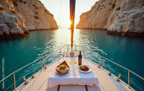 Luxury sailboat anchored in a secluded turquoise bay, surrounded by towering cliffs