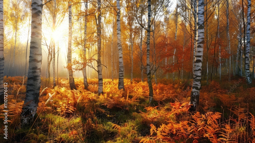 Autumn sunlight shining on birch and aspen trees in a diverse woodland Autumn sunlight shining on birch and aspen trees in a diverse woodland