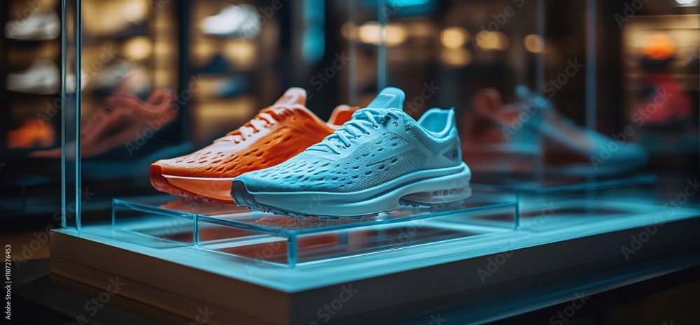 Display of stylish athletic shoes in a modern showcase. Display of stylish athletic shoes in a modern showcase.