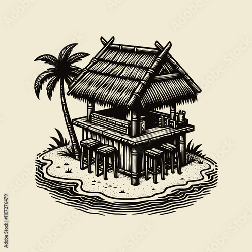 Rustic tropical tiki bar on a small island with a thatched roof, surrounded by palm trees and sand, evoking a relaxing and exotic beach getaway. black and white drawn icon. cut out
