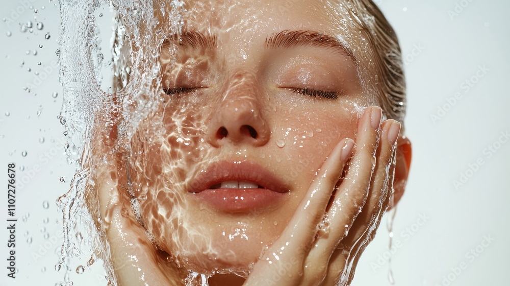 Serene Woman with Damp Blonde Hair Washing Under Refreshing Splash of Water Serene Woman with Damp Blonde Hair Washing Under Refreshing Splash of Water