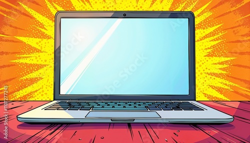 Comic-style open laptop background with bold outlines, bright colors, and quirky workspace details