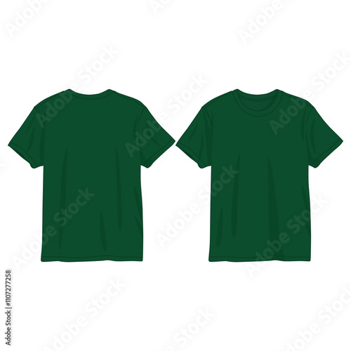 T-shirt fashion flat drawing template. Unisex t-shirt fashion illustration, relaxed fit, front and back view, green, women, men, unisex 