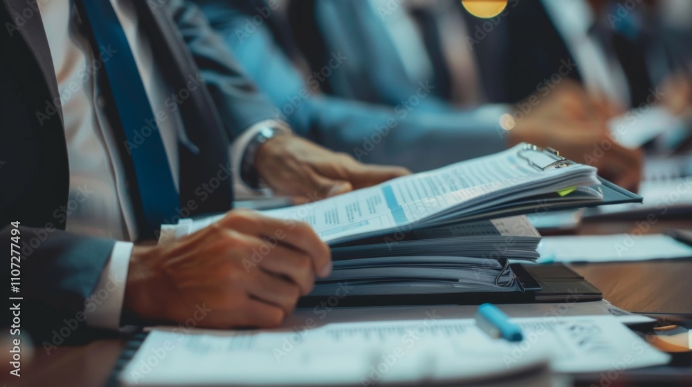 A team member flips through a thick binder referencing safety regulations and codes while discussing potential risks during the meeting. A team member flips through a thick binder referencing safety regulations and codes while discussing potential risks during the meeting.