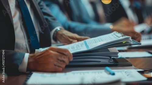 A team member flips through a thick binder referencing safety regulations and codes while discussing potential risks during the meeting. photo