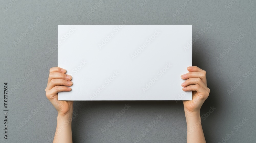 Clean Hands Holding Blank Signboard Against Gray Background Clean Hands Holding Blank Signboard Against Gray Background