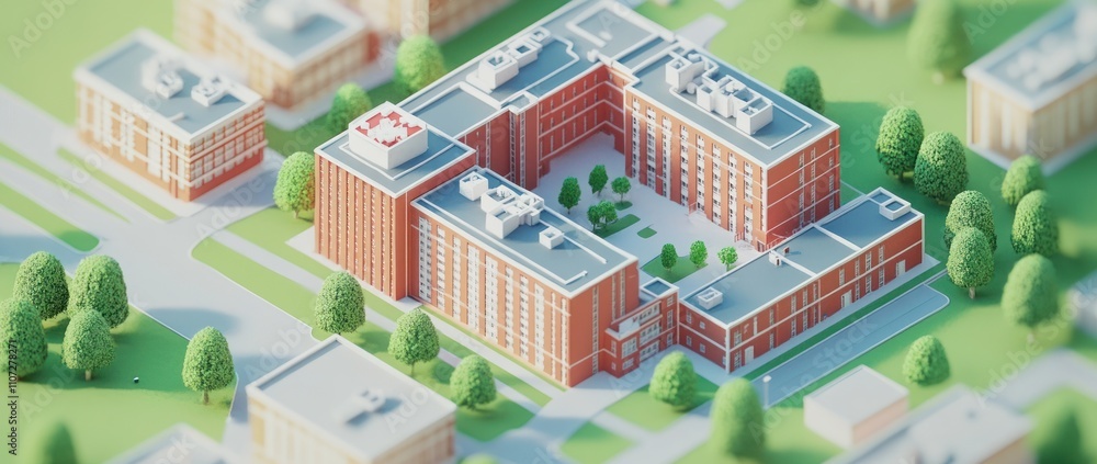 A miniature model of a modern building complex surrounded by greenery. A miniature model of a modern building complex surrounded by greenery.