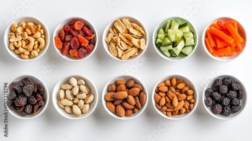 Variety of Healthy Snack Bowls with Assorted Dried Fruits and Nuts