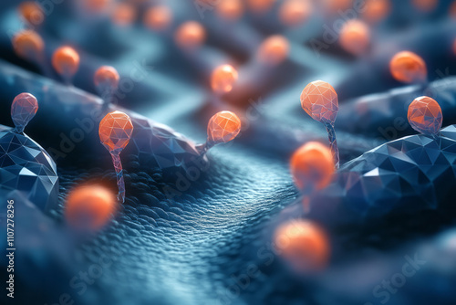 a group of orange spheres in a blue background photo