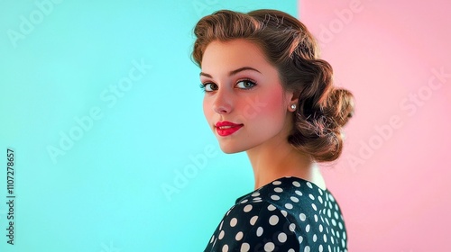 Vintage Inspired Portrait of a Stylish Woman in 1950s Polka Dot Dress
