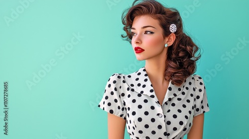 Vintage Inspired Portrait of a Stylish Woman with Polka Dot Dress and Elegant Hairstyle