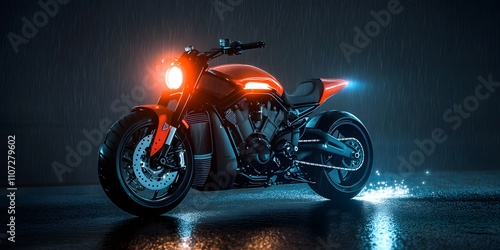 A sleek motorcycle illuminated in a rain-soaked environment, showcasing modern design. photo