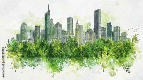 Eco-Friendly Cityscape:A Watercolor Vision of Sustainable Living.Concept of Urban planning, sustainable architecture, eco-friendly design, environmental consciousness, green cities #1107279883