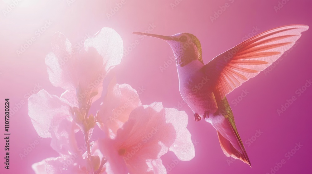 Obraz premium A vibrant hummingbird hovering near pink flowers in a dreamy, soft-focus background.