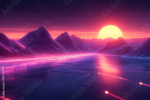 a futuristic landscape with mountains and a bright sun