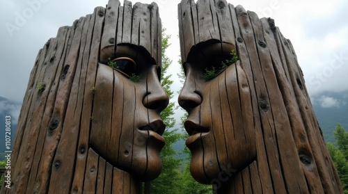 Bifurcated Face Sculpture Revealing a Forest photo