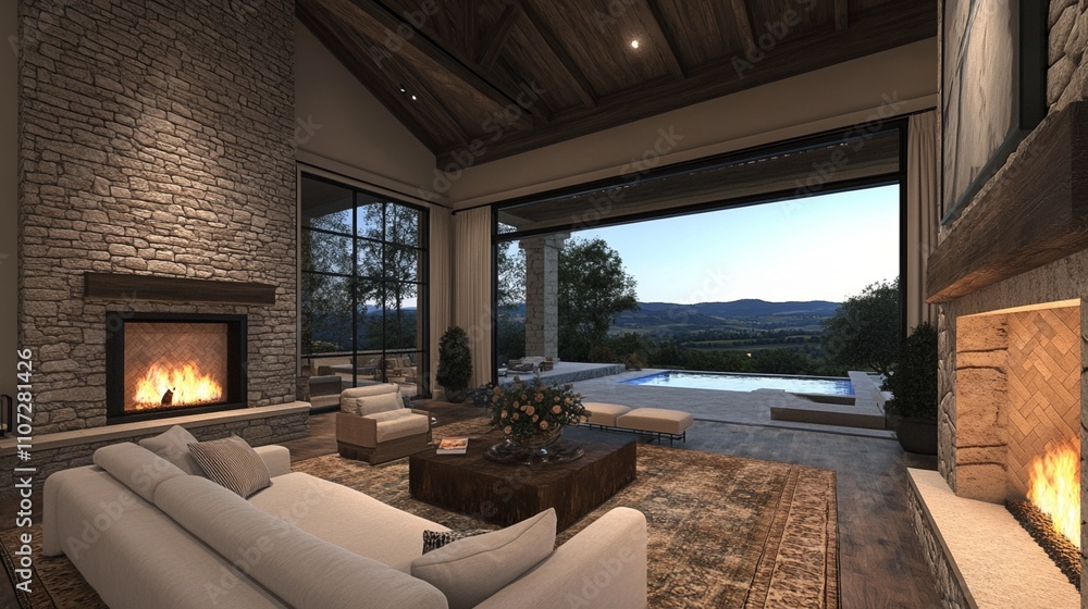Luxurious modern living room with dual fireplaces and infinity pool view through massive window wall, featuring stone accents, wooden beams, and cozy seating at twilight. Luxurious modern living room with dual fireplaces and infinity pool view through massive window wall, featuring stone accents, wooden beams, and cozy seating at twilight.