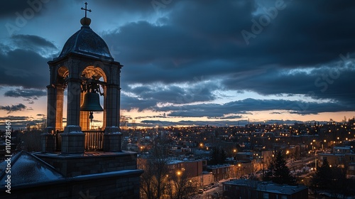 church bell tower in the city, captured at dusk with the lights of the city beginning to shine, offering a contrast between the quiet solemnity