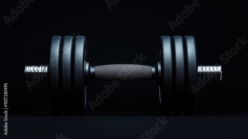 Close-up of a black adjustable dumbbell with a textured grip handle on a dark background, emphasizing fitness equipment. photo