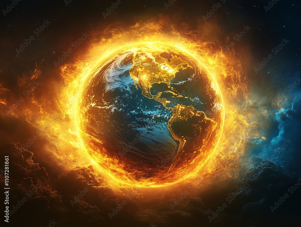A fiery depiction of Earth encircled by flames, symbolizing environmental challenges and climate change. A fiery depiction of Earth encircled by flames, symbolizing environmental challenges and climate change.
