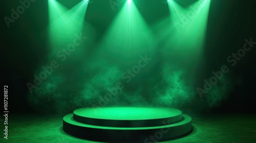 green podium with blue light in the dark room 