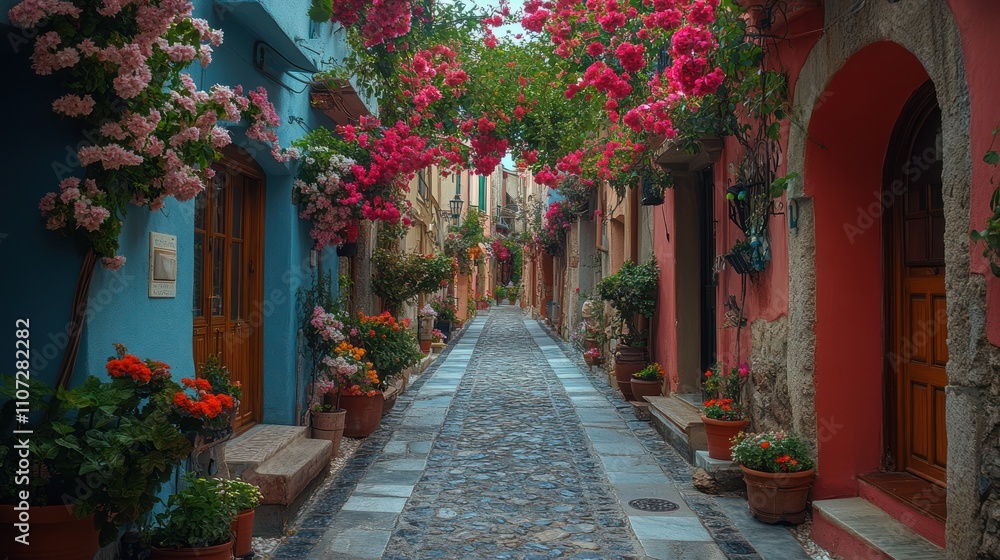 Fototapeta premium Colorful flower-covered alleyway with cobblestone street and vibrant houses.