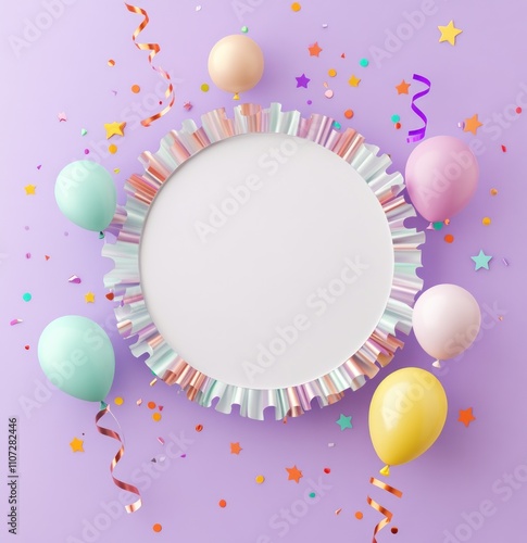 A festive circular frame surrounded by colorful balloons and confetti on a purple background. photo