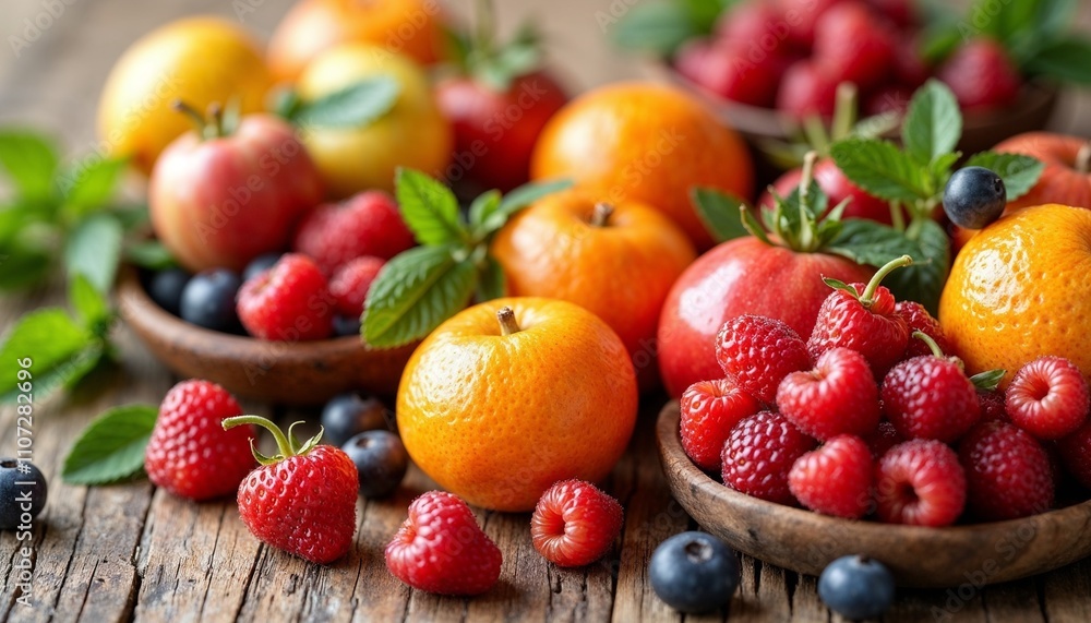 Fresh fruits on wooden table for healthy eating concept with colorful berries and citrus Fresh fruits on wooden table for healthy eating concept with colorful berries and citrus