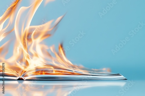 Burning book with flames and embers, symbolizing destruction of knowledge or censorship. photo