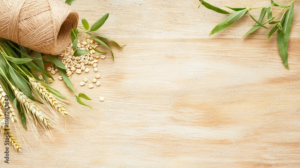 Natural Elements of Wheat, Seeds, and Twine on Rustic Wooden Background Natural Elements of Wheat, Seeds, and Twine on Rustic Wooden Background