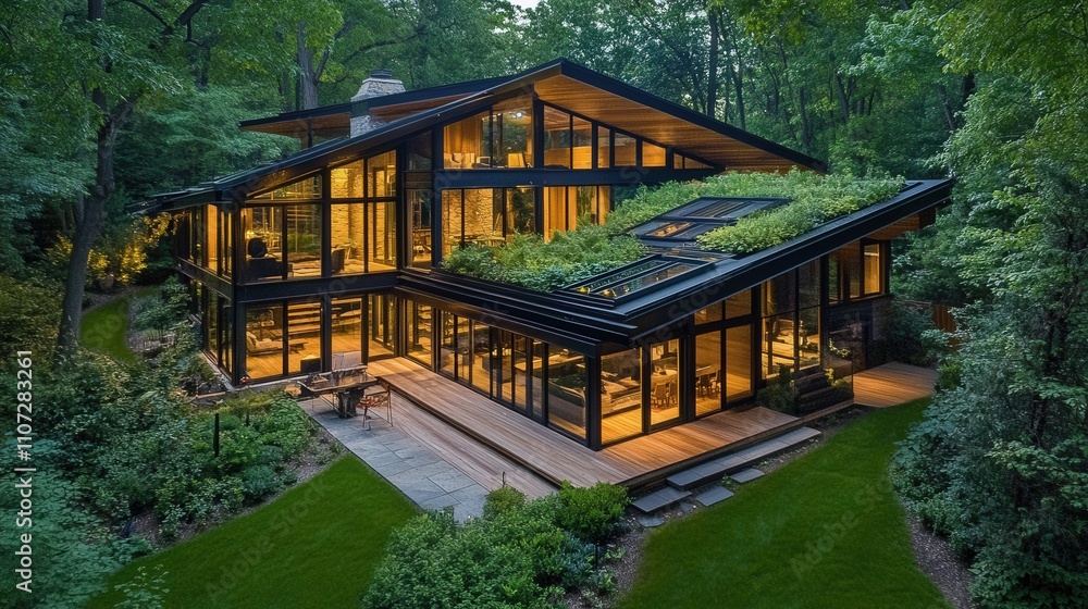 An architectural masterpiece in the woods, captured in a real photograph showcasing a modern timber residence with large windows. An architectural masterpiece in the woods, captured in a real photograph showcasing a modern timber residence with large windows.