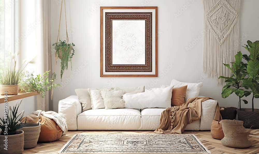 Fototapeta premium Modern Living Room Decor With Ornate Frame And Plants